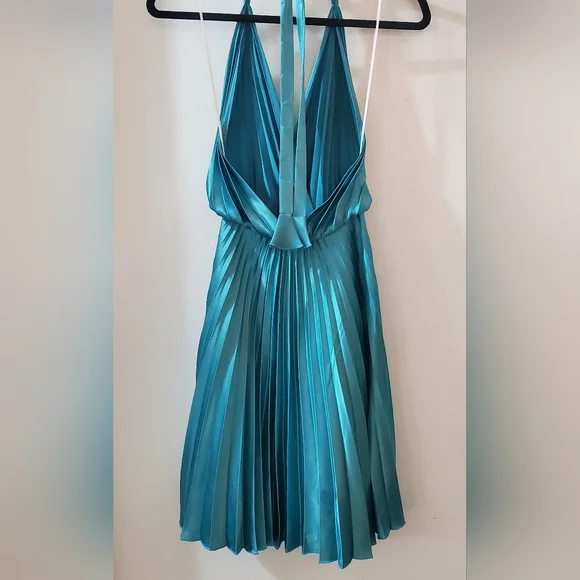 Aqua blue green satin pleated party dress, XS, halter, backless, Lillie Rubin - Picture 8 of 10